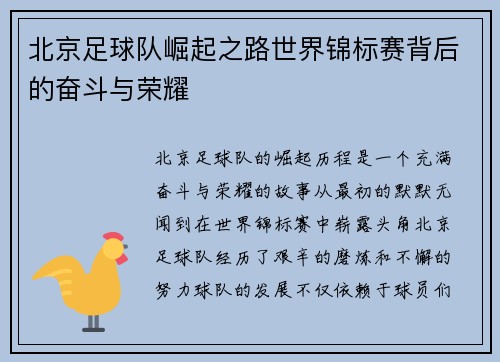 北京足球队崛起之路世界锦标赛背后的奋斗与荣耀