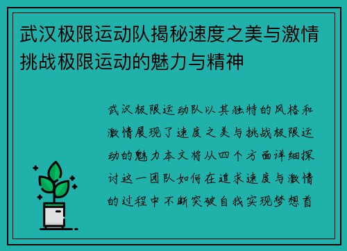 武汉极限运动队揭秘速度之美与激情挑战极限运动的魅力与精神